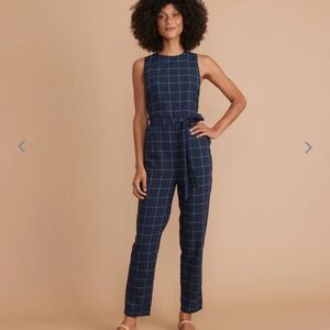 Marine layer Eloise Belted Jumpsuit in Navy Windowpane
